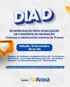 Araxá realiza Dia D da Campanha de Multivacinação para crianças e adolescentes neste sábado (18)