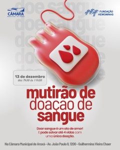 Câmara Municipal convida a população para ação de doação de sangue em parceria com a Hemominas